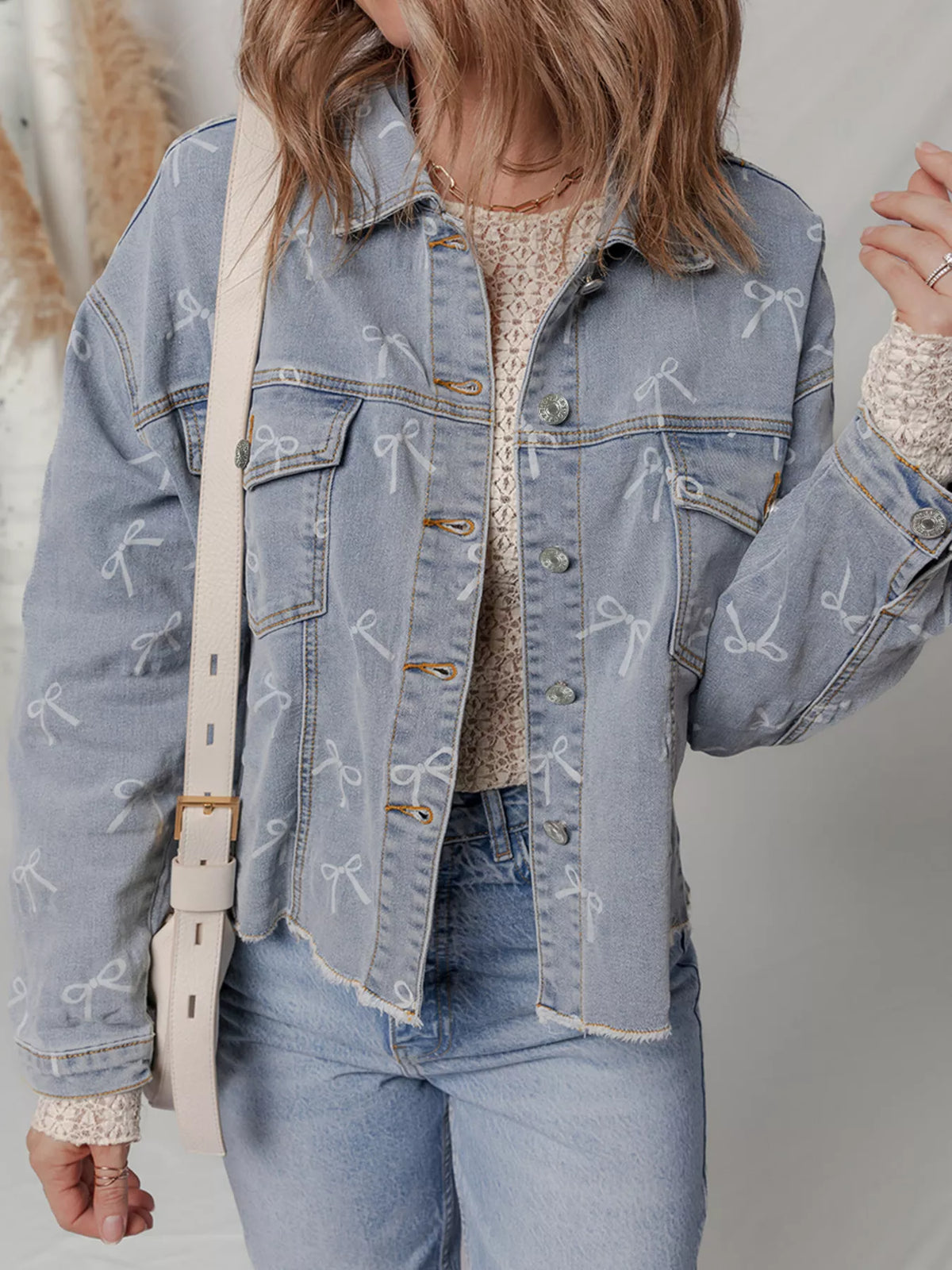 Bow Knot Print Light Wash Raw Hem Denim Jacket in Light Blue, view 4