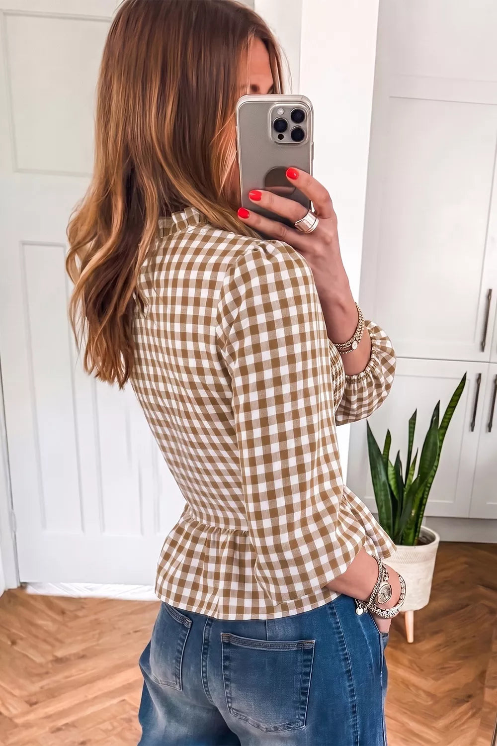Gingham Smocked Ruffled Hem Blouse in Mocha, view 2