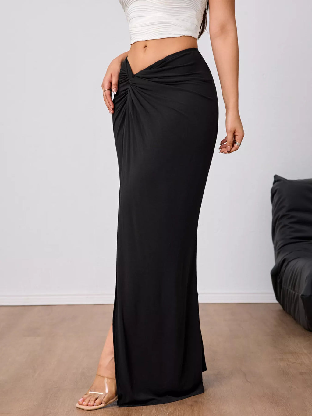 Slit Twist-Front Bodycon Maxi Skirt - Lilixa.store