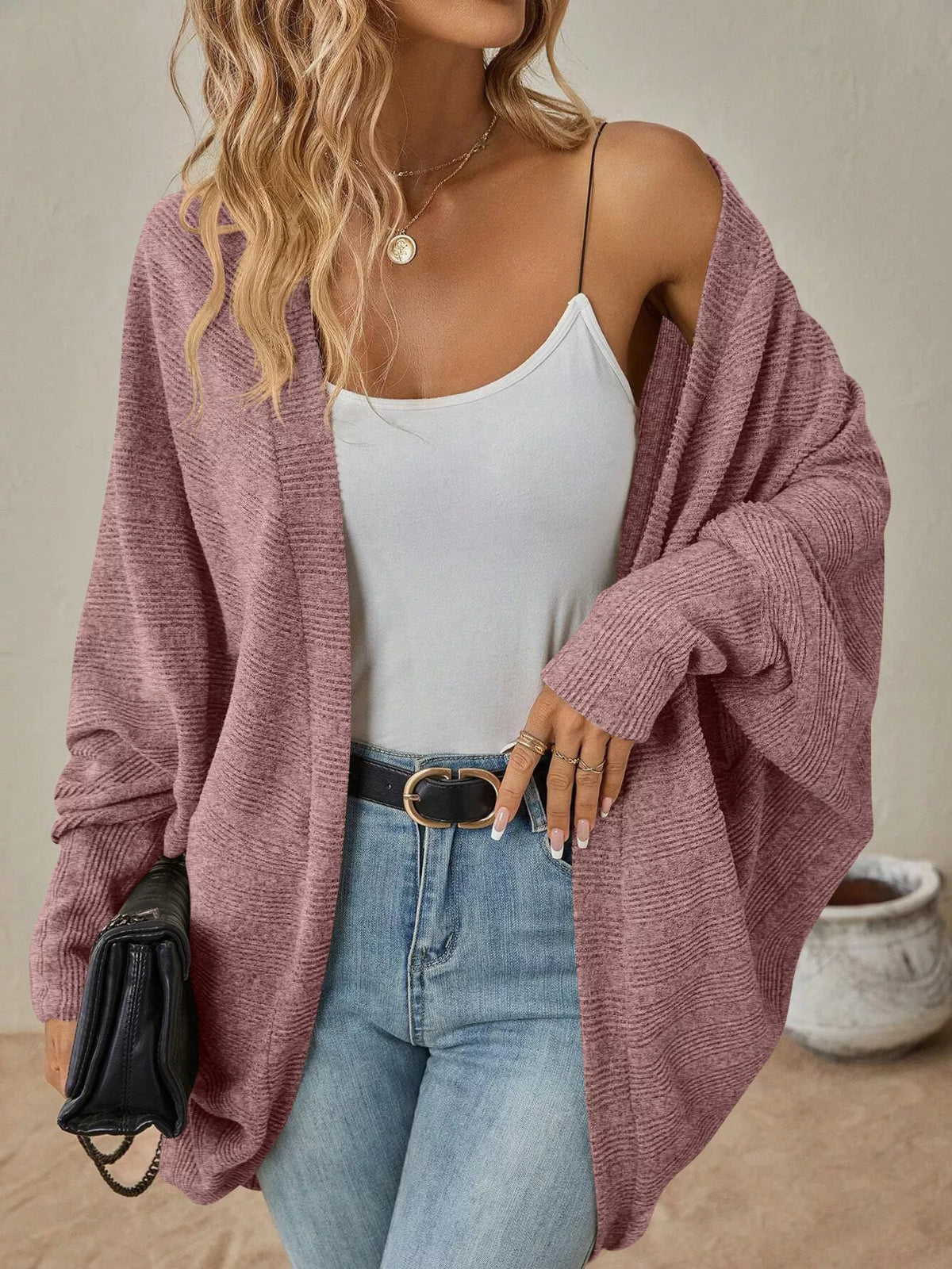 Open Front Cocoon Cardigan in Dusty Pink