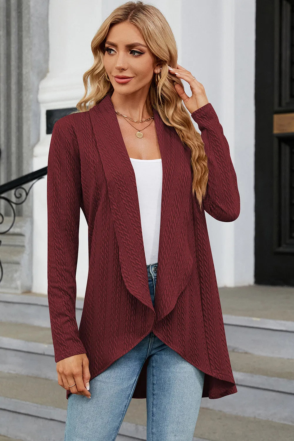 Open Front Long Sleeve Cardigan in Burgundy
