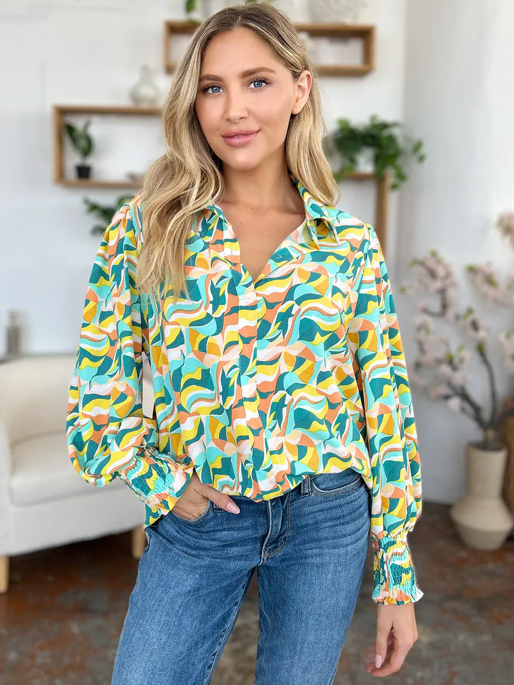 Double Take Full Size Printed Smocked Long Sleeve Blouse - Lilixa.store