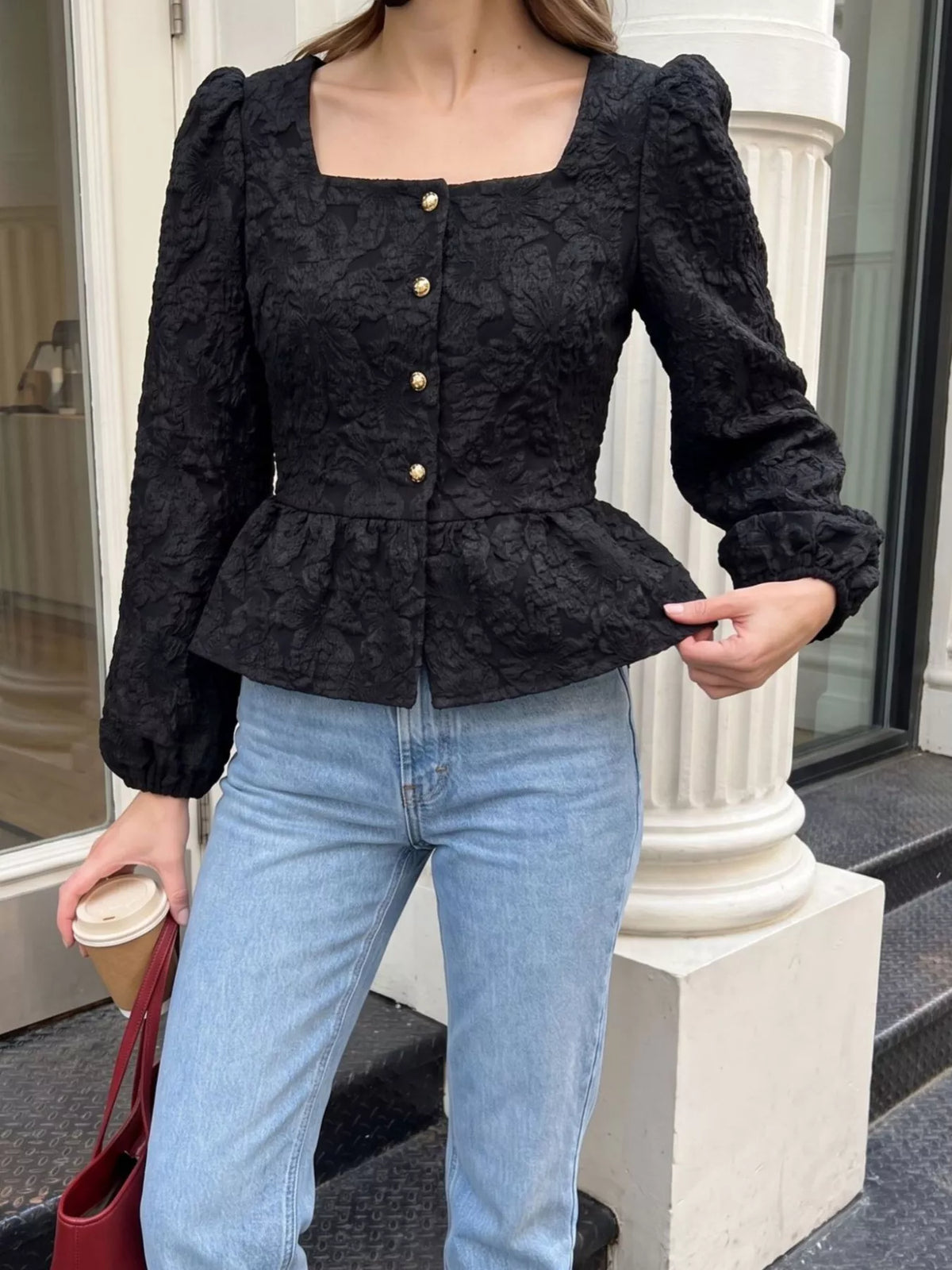Square Neck Textured Peplum Blouse, view 8