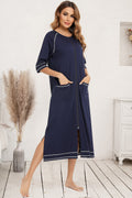 Zip Up Slit Round Neck Night Dress with Pockets - Lilixa.store