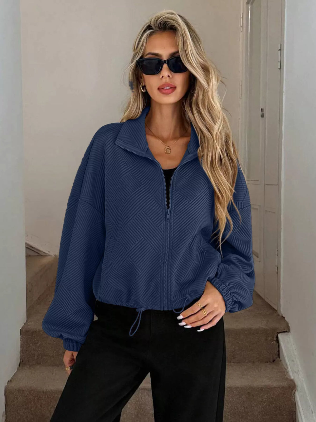 Drawstring Hem Textured Long Sleeve Jacket, view 7