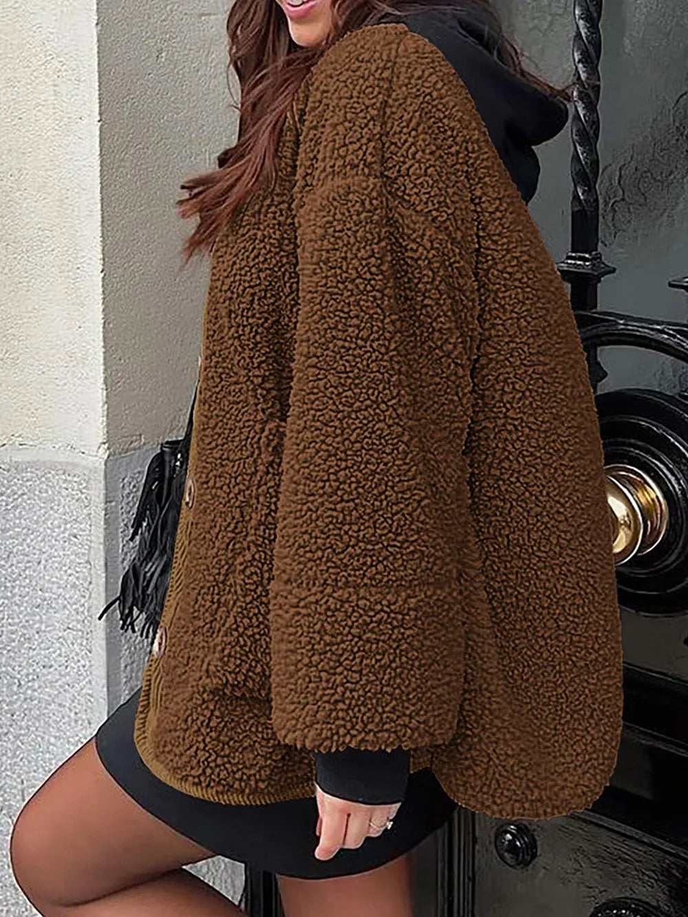 Contrast Button Up Sherpa Jacket with Pockets, view 11