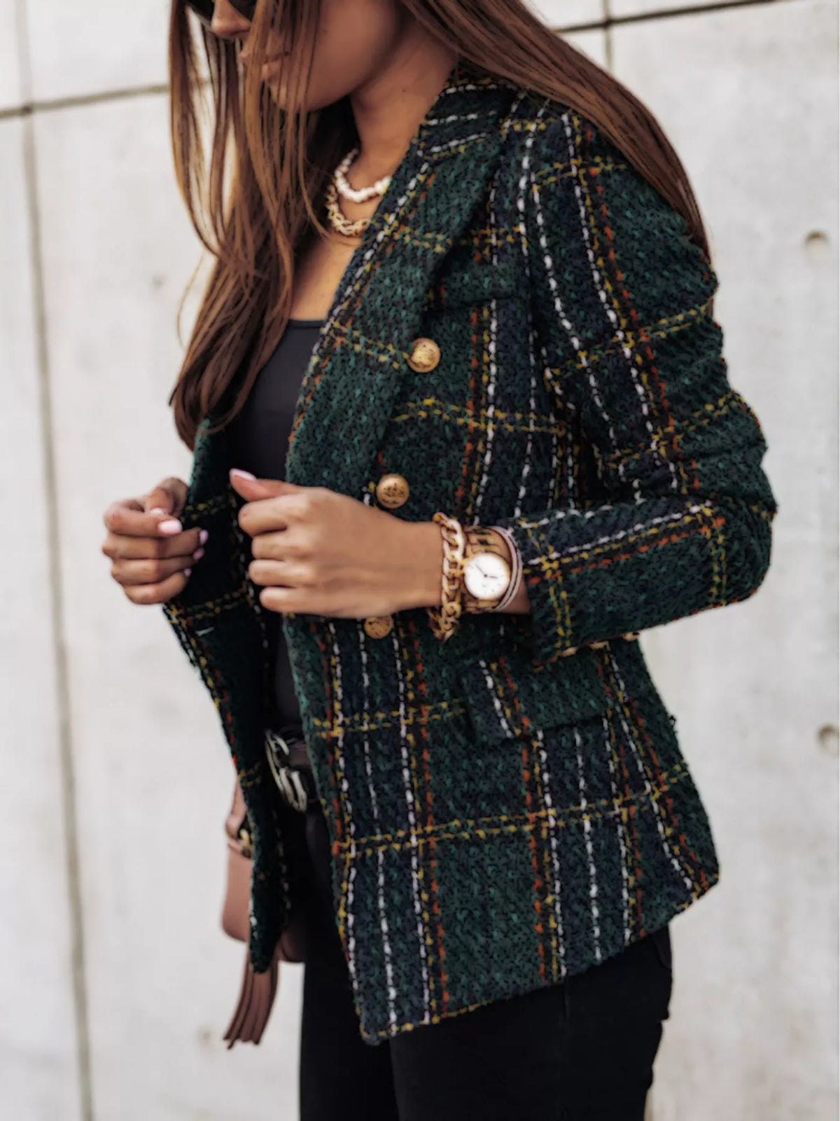 Full Size Plaid Tweed Double-Breasted Blazer Plus Size - Lilixa.store