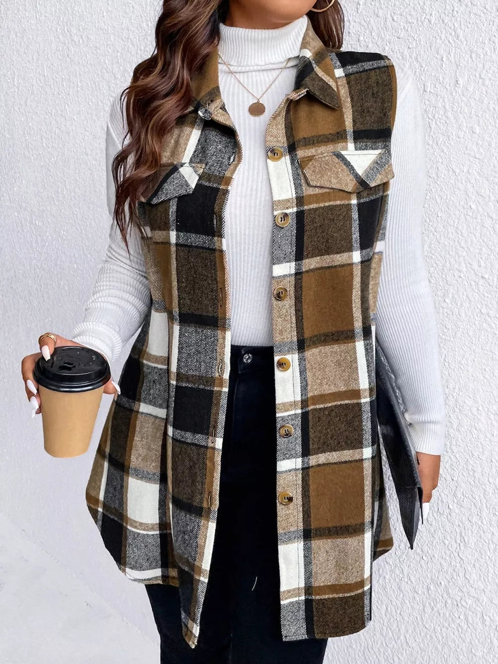 Honey Plus Size Pocketed Plaid Button Up Vest Coat in Camel