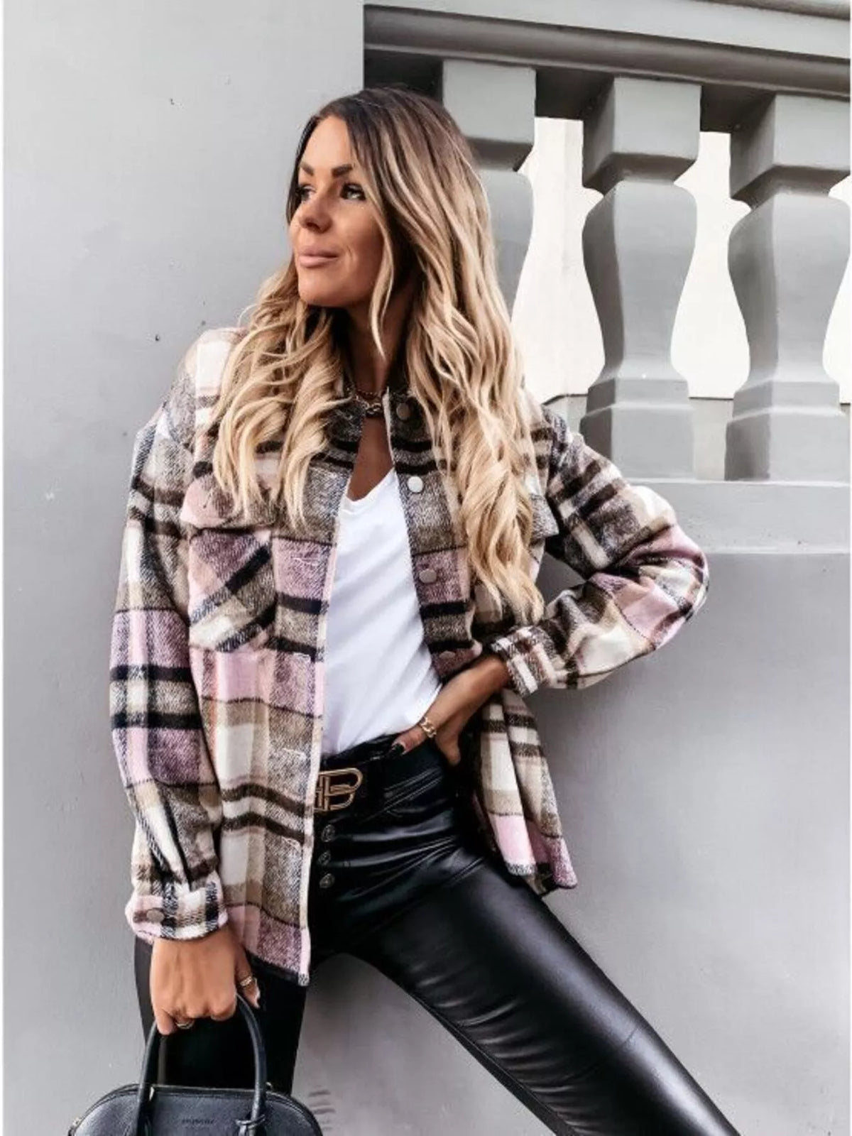 Plaid Button-Down Long Sleeve Shacket, view 3
