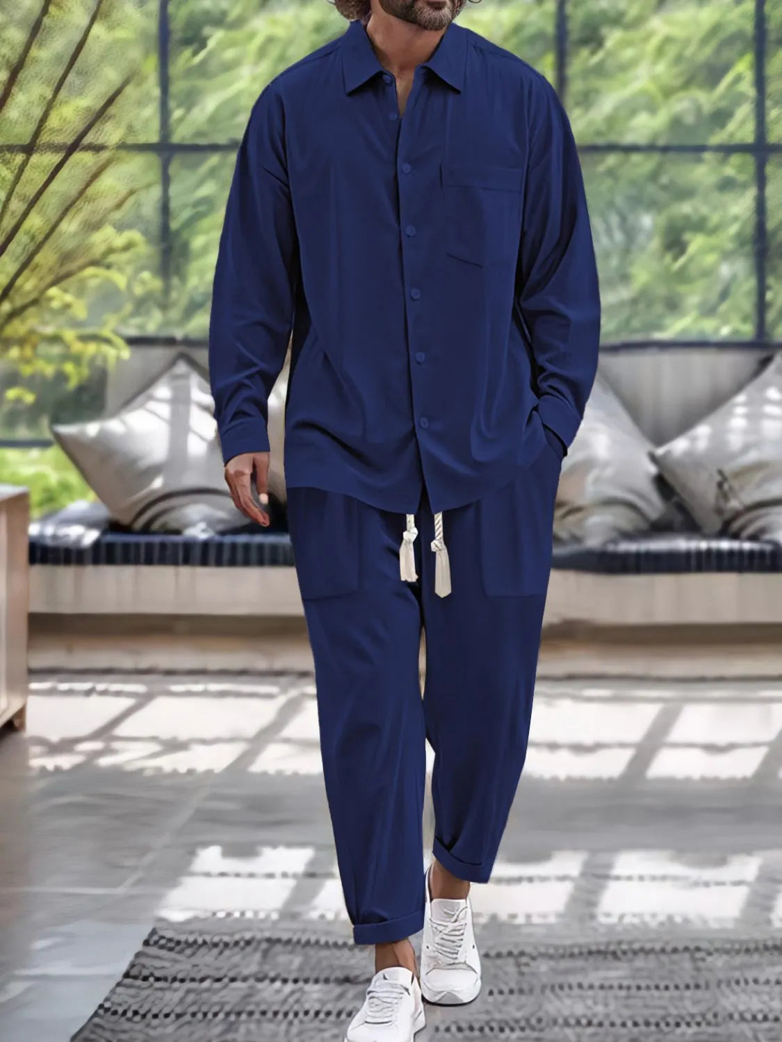 Men's Button Down Long Sleeve Shirt and Pants Set in Navy