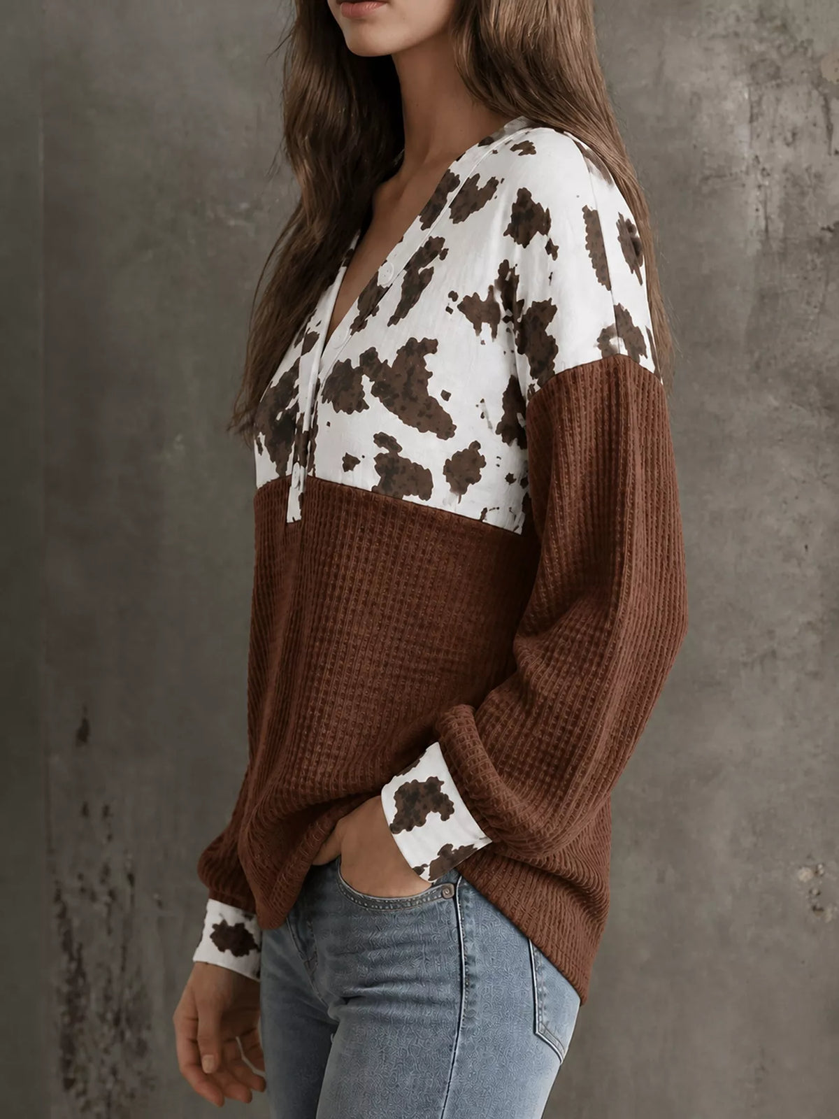 Cow Print Color Block Waffle Knit Blouse - Lilixa.store