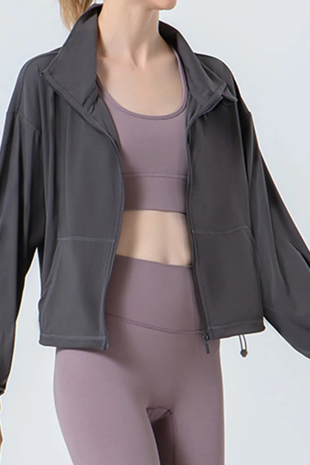 Drawstring Zip Up Dropped Shoulder Active Outerwear - Lilixa.store