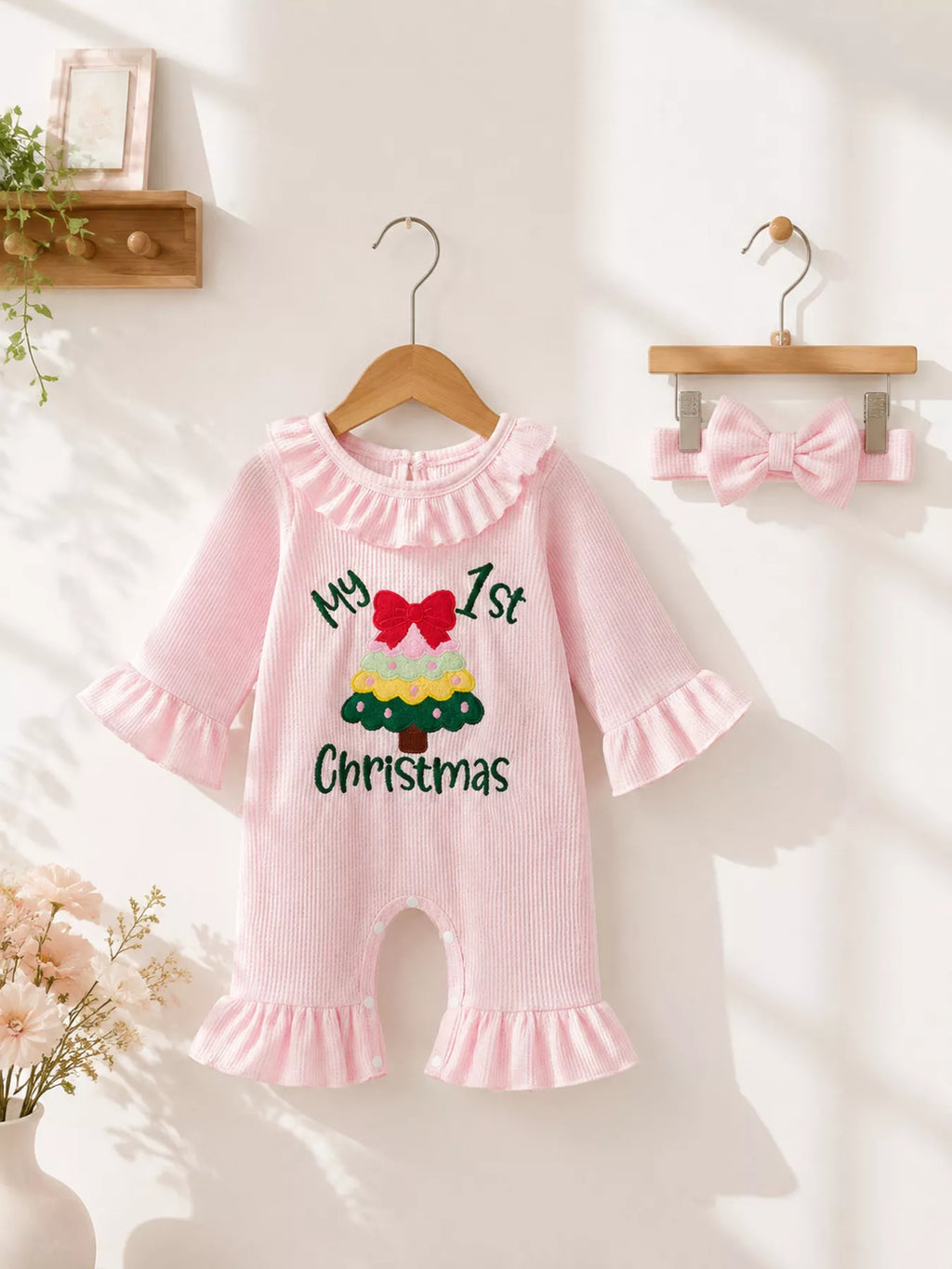 Children's 'My 1st Christmas' Ribbed Ruffle Jumpsuit and Headband Set - Lilixa.store
