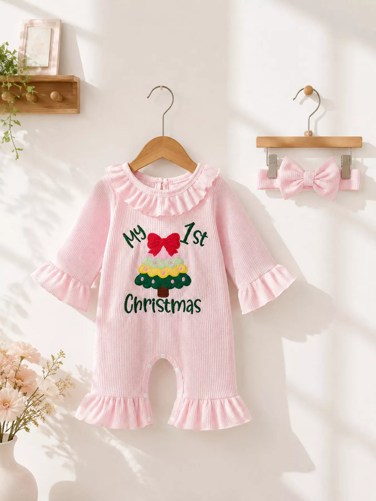 Children's 'My 1st Christmas' Ribbed Ruffle Jumpsuit and Headband Set - Lilixa.store