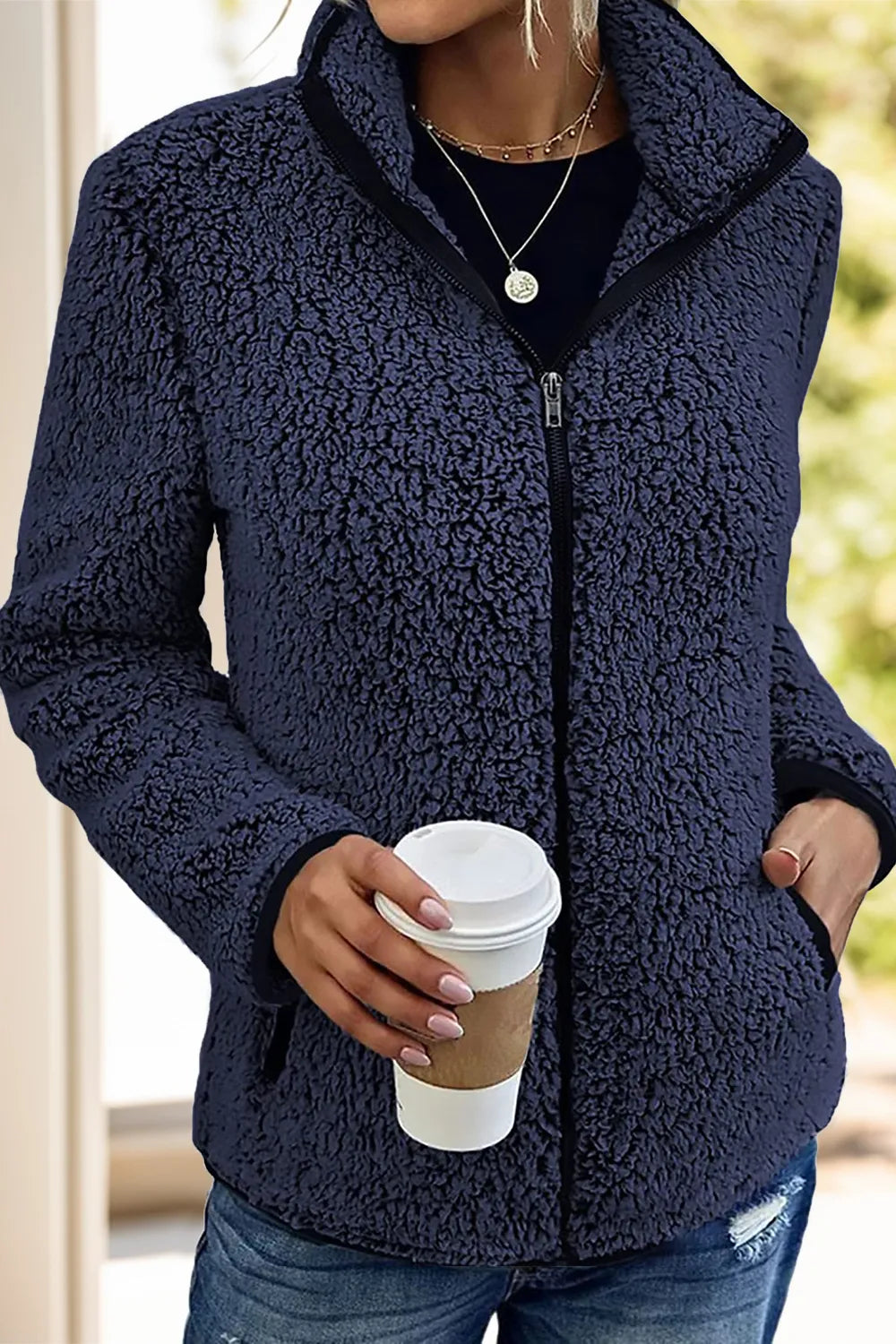Pocketed Zip Up Turtleneck Jacket in Navy