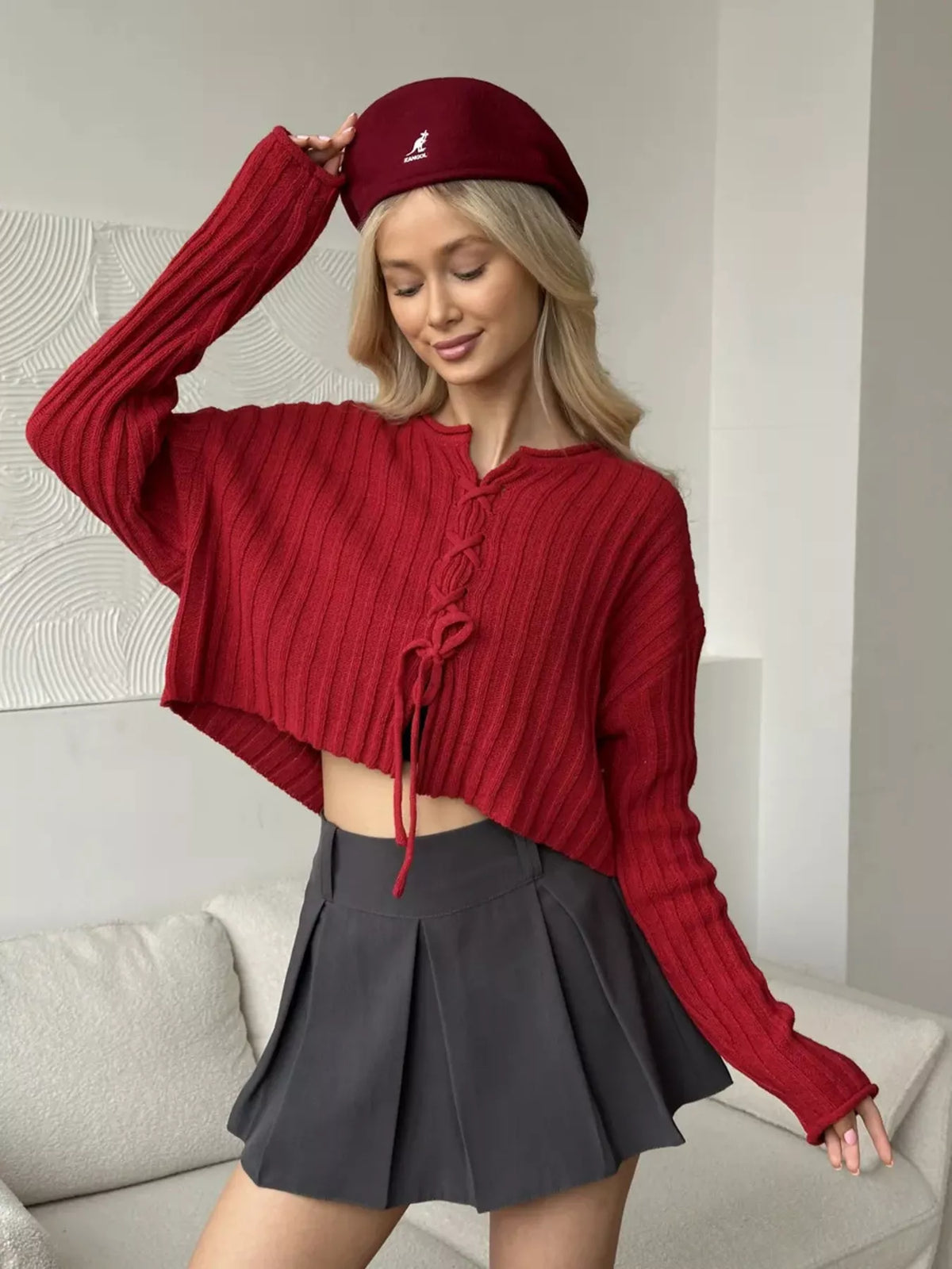 Ribbed Lace-Up Crop Sweater, view 8
