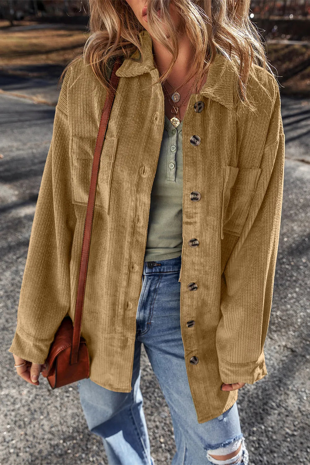 Button Up Long Sleeve Jacket in Camel
