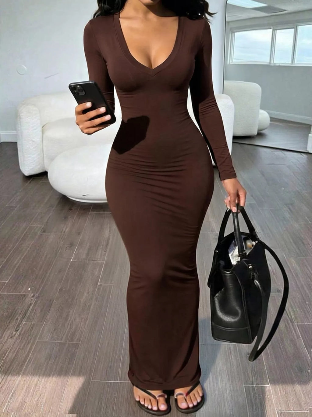 Long Sleeve V-Neck Ruched Maxi Dress - Lilixa.store