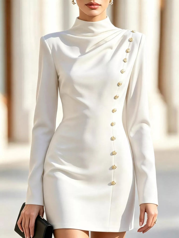 Mock Neck Long-Sleeve Bodycon Dress with Gold-Tone Button Detailing in White