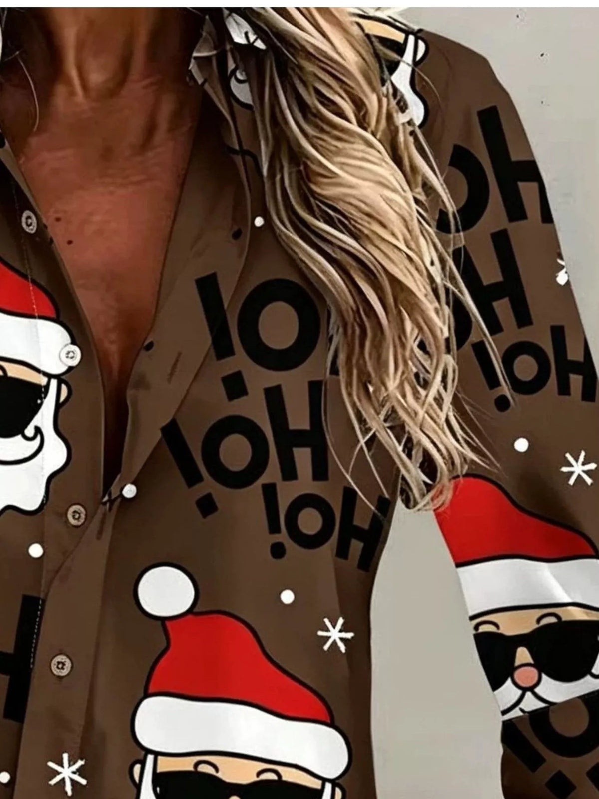 Full Size Christmas Santa Claus Print Button-Down Shirt Plus Size, view 4