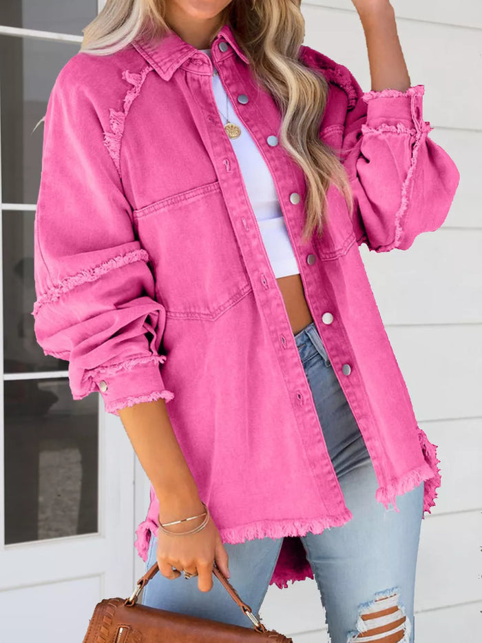 Button Down Raw Hem Denim Jacket - Lilixa.store