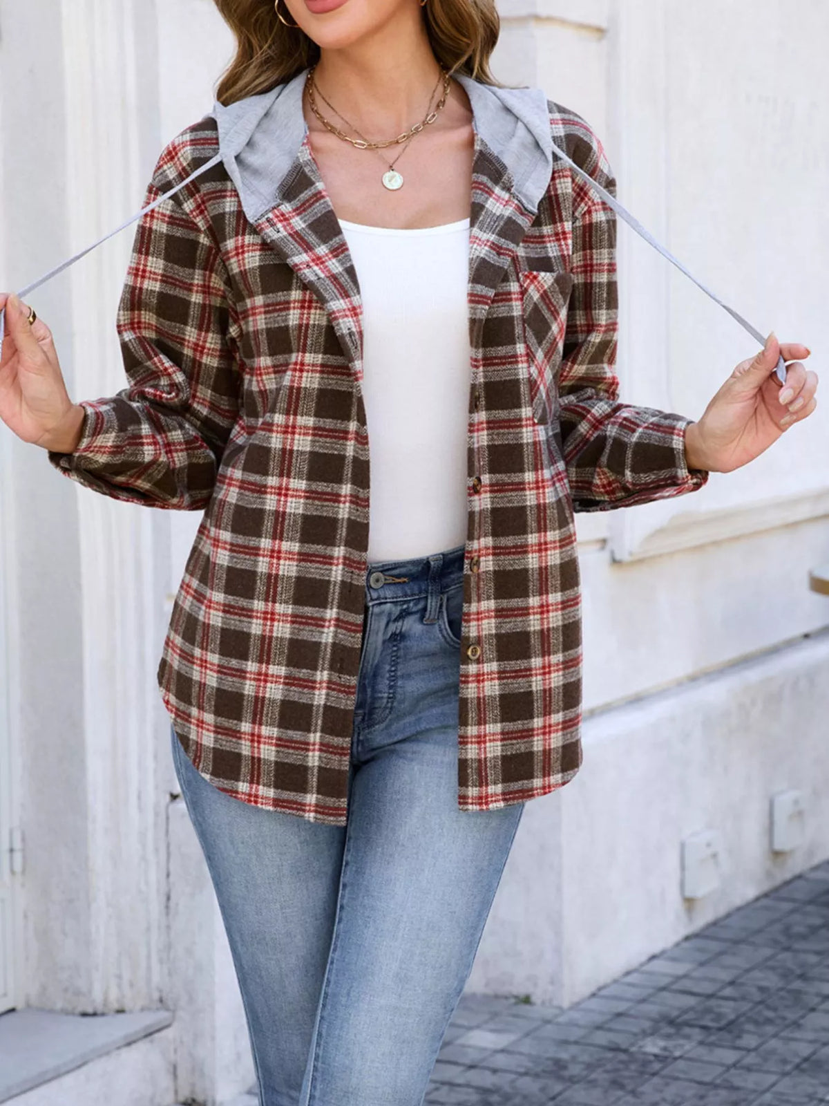 Hooded Plaid Button-Up Shacket, view 9
