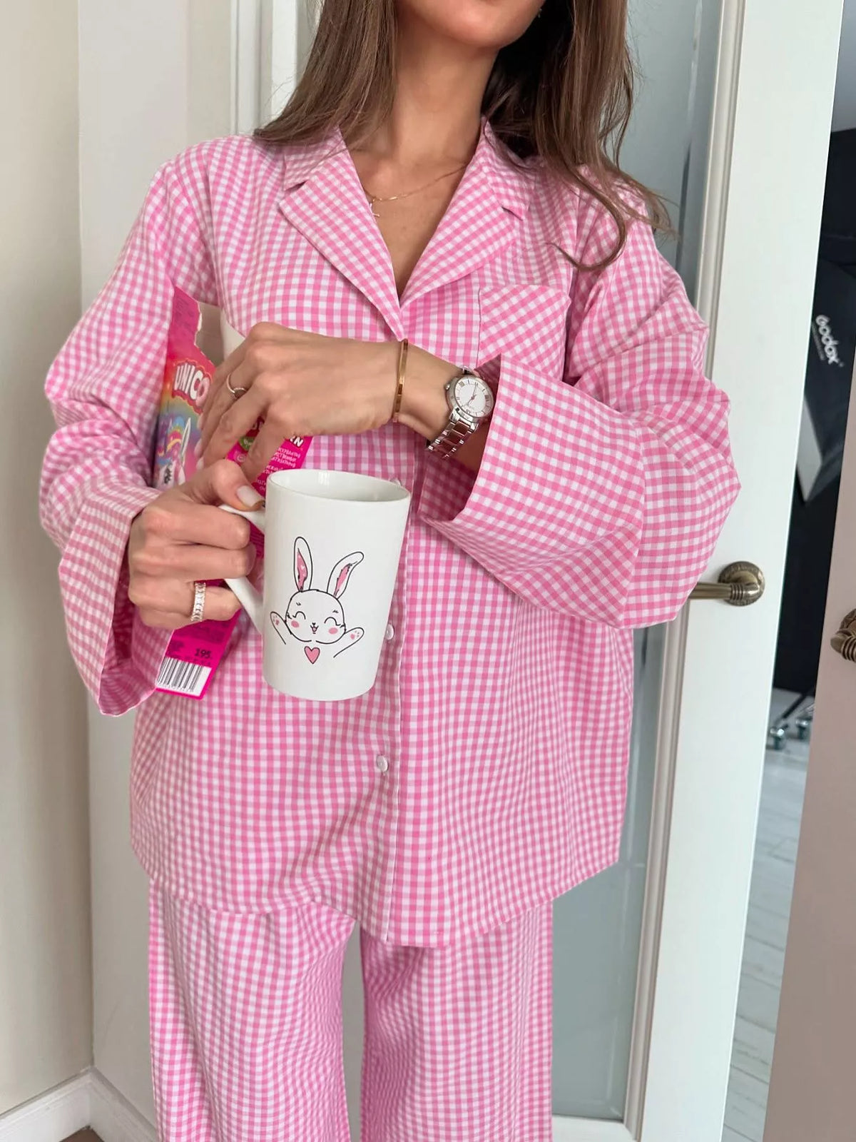 Gingham Button-Down Top and Pants Loungewear Set - Lilixa.store