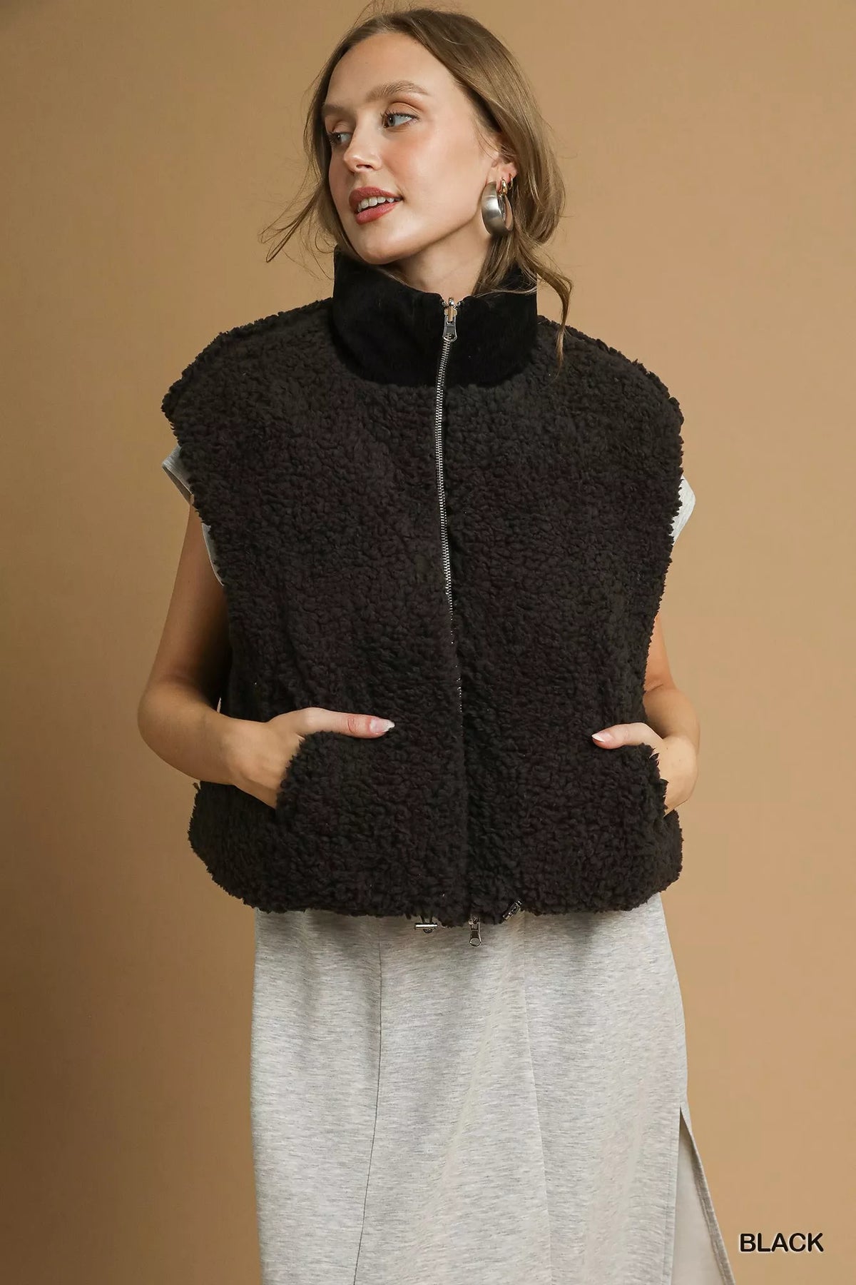 Umgee Sherpa-Lined Zip Vest with Drawstring Hem - Lilixa.store
