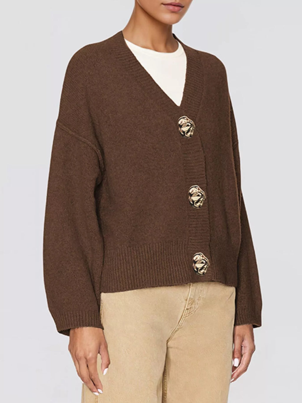 Gold Buttons V-Neck Cardigan - Lilixa.store