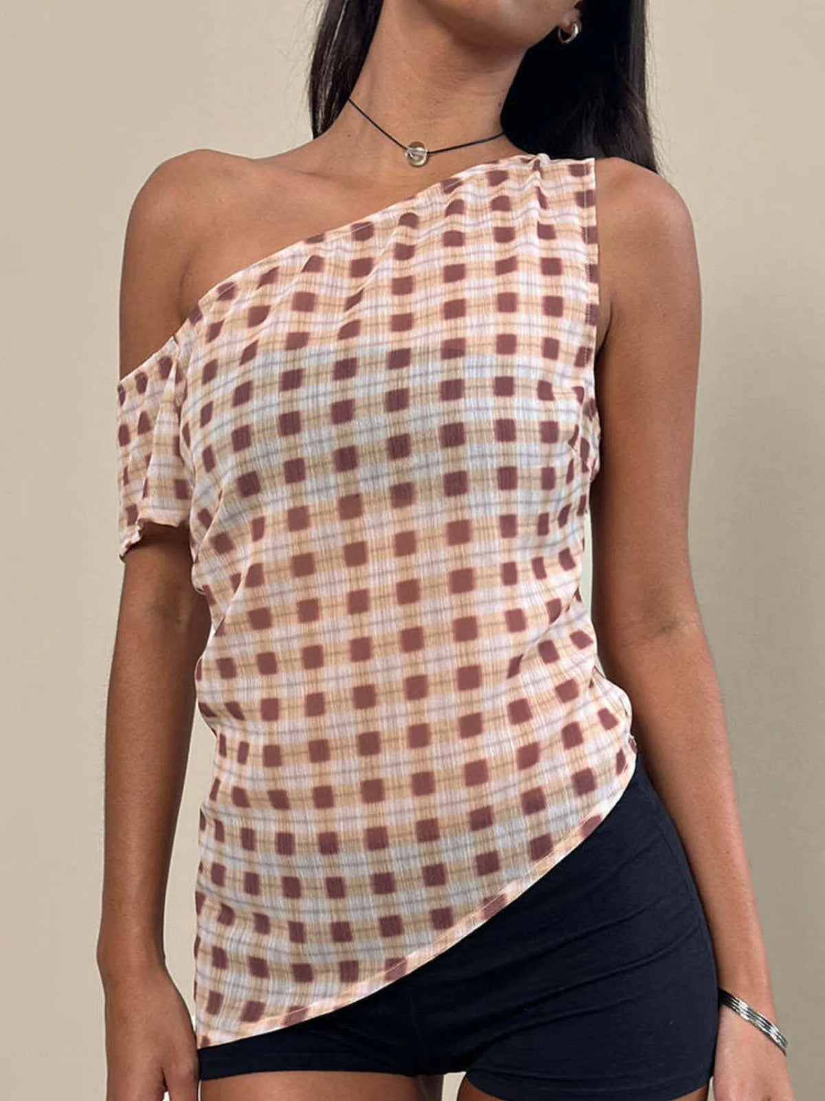 One-Shoulder Plaid Tank Top - Lilixa.store
