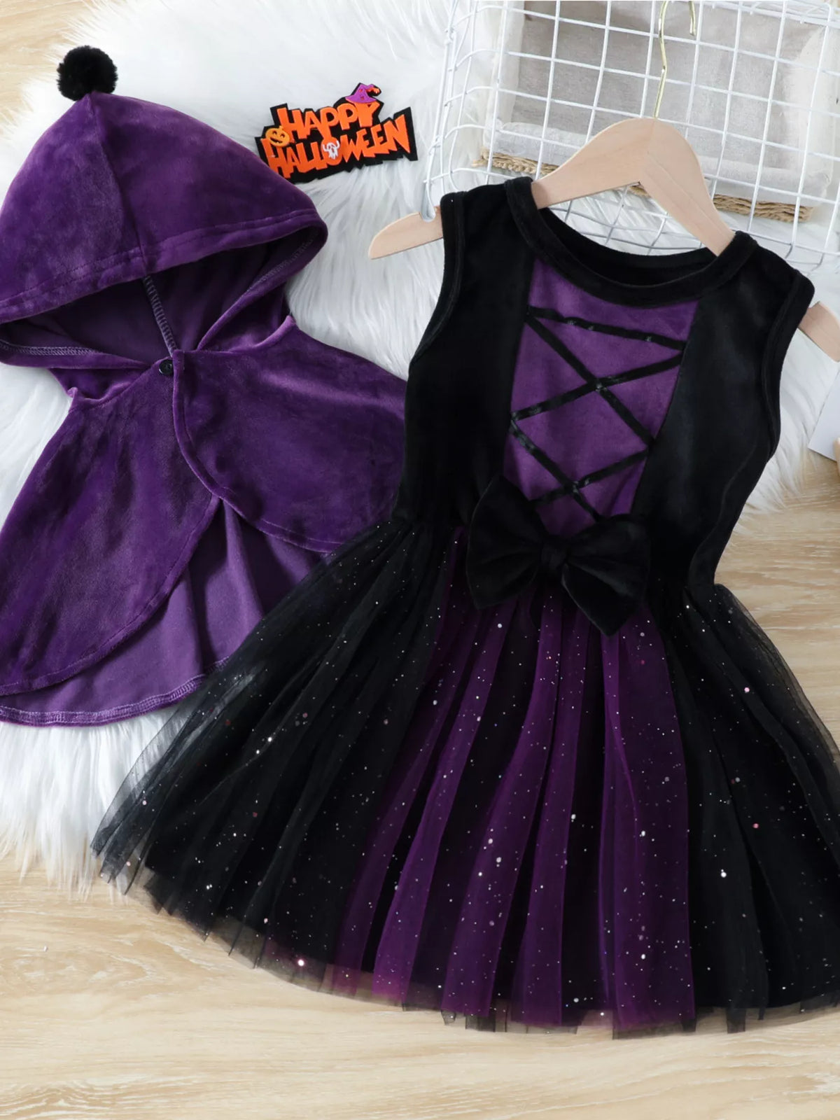 Children's Velvet Hooded Cape and Tulle Dress Halloween Witch Costume Set - Lilixa.store