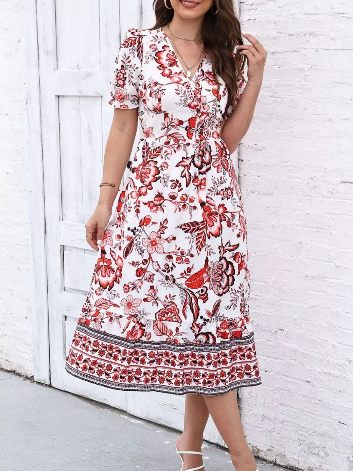 Floral Print Puff Sleeve Wrap Midi Dress
