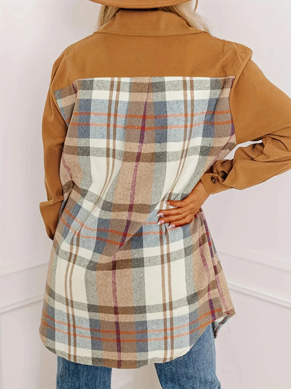 Plaid Collared Neck Long Sleeve Jacket - Lilixa.store