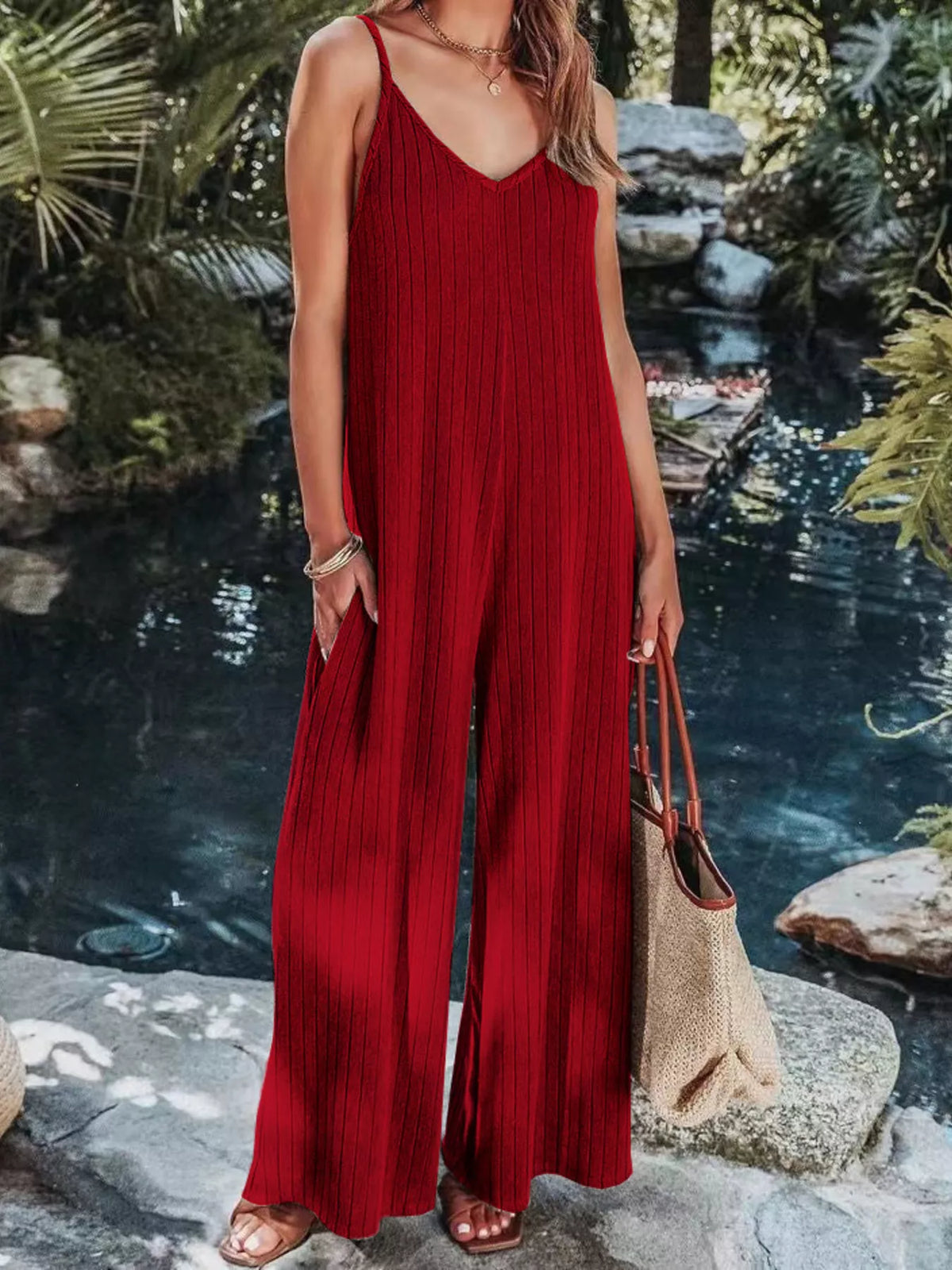 Ribbed V-Neck Wide Leg Jumpsuit - Lilixa.store