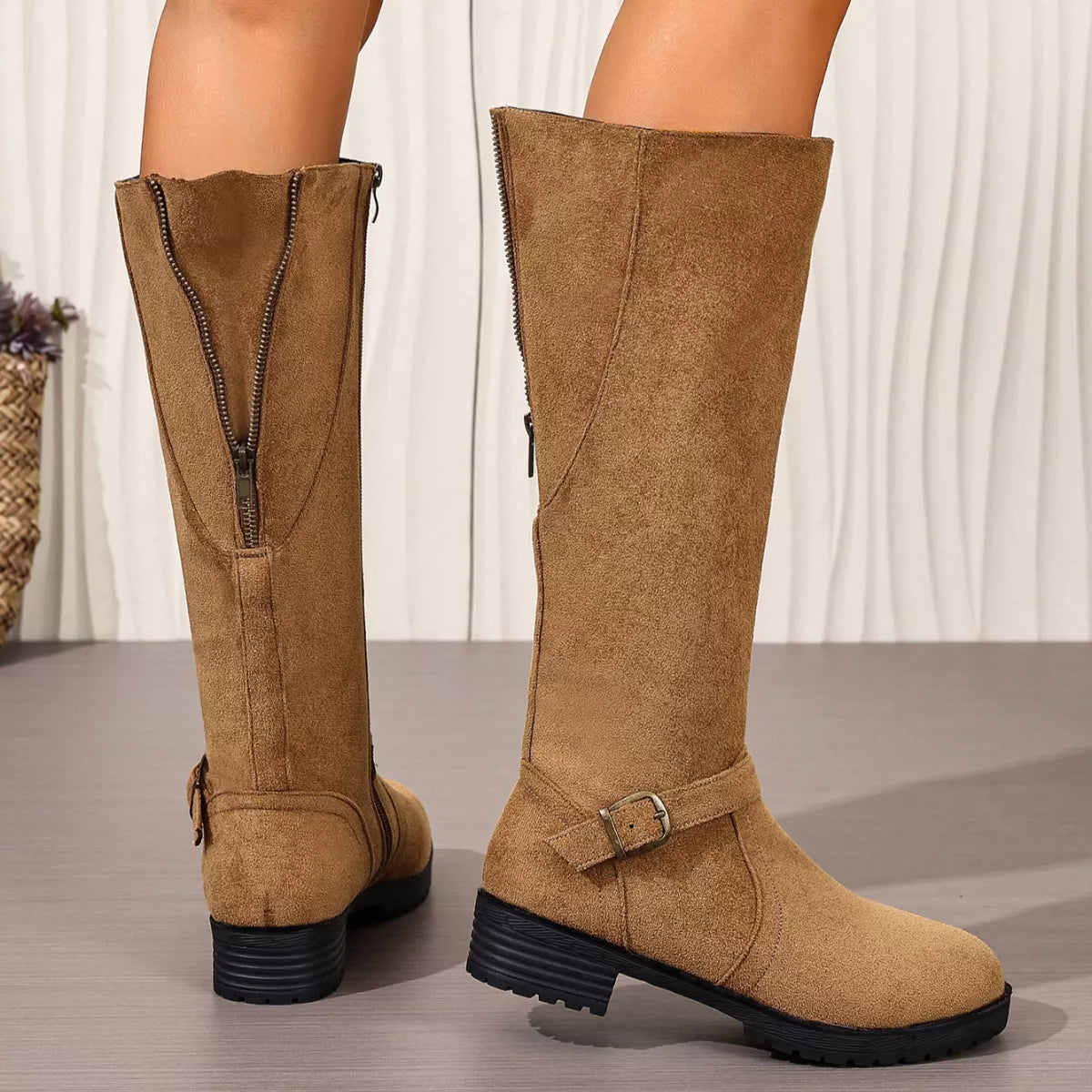 Knee-High Suede Buckle Accent Boots - Lilixa.store