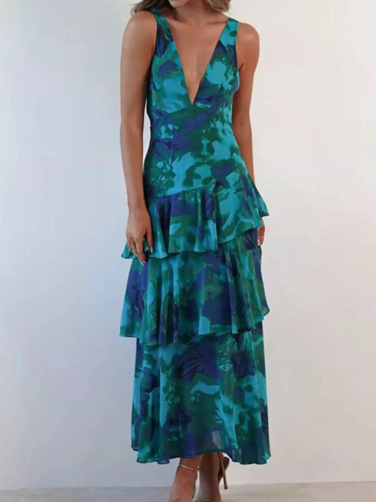 V-Neck Sleeveless Floral Print Layered Ruffle Maxi Dress