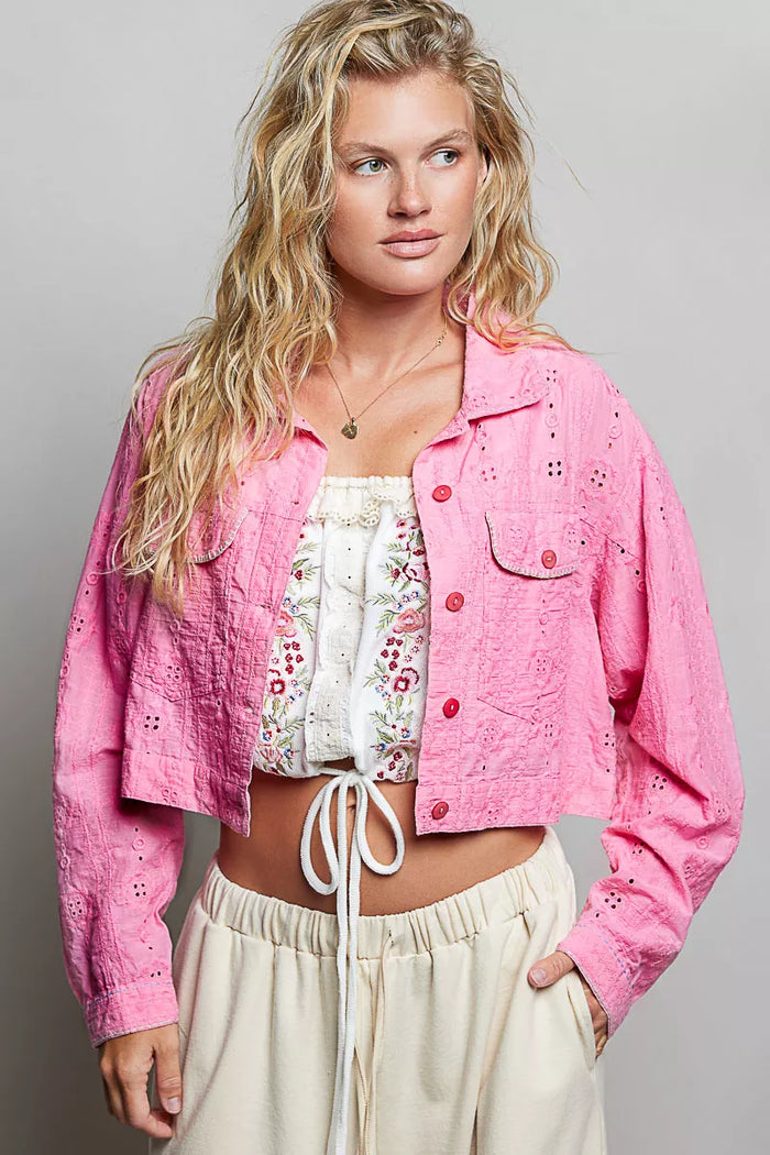 POL Eyelet Textured Cotton Cropped Button-Front Jacket in Candy Pink