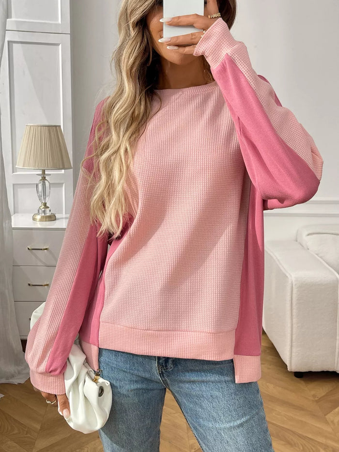 Color Block Waffle Knit Long Sleeve T-Shirt in Blush Pink
