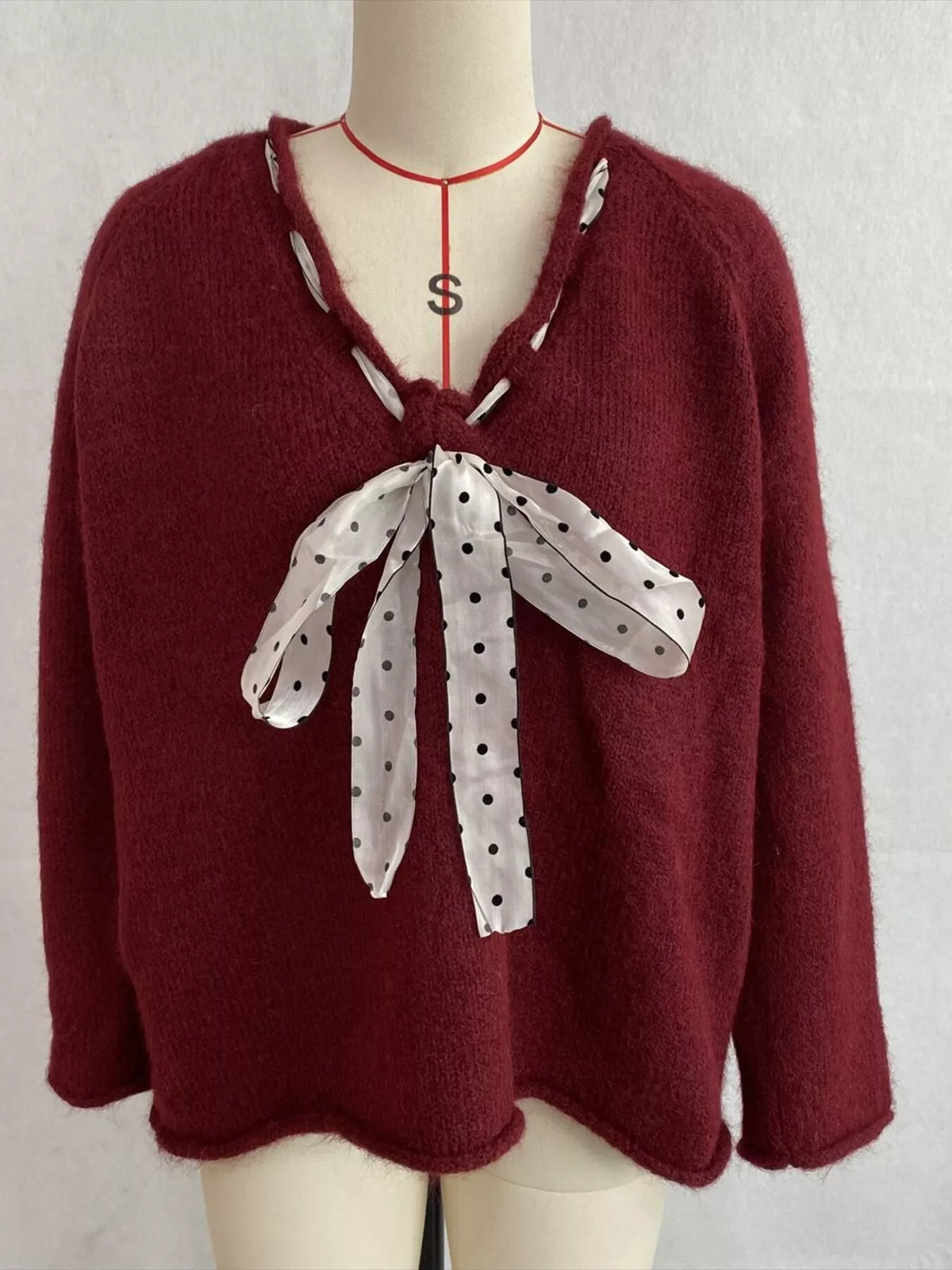 Chic V-Neck Sweater with Polka Dot Ribbon Tie, view 16