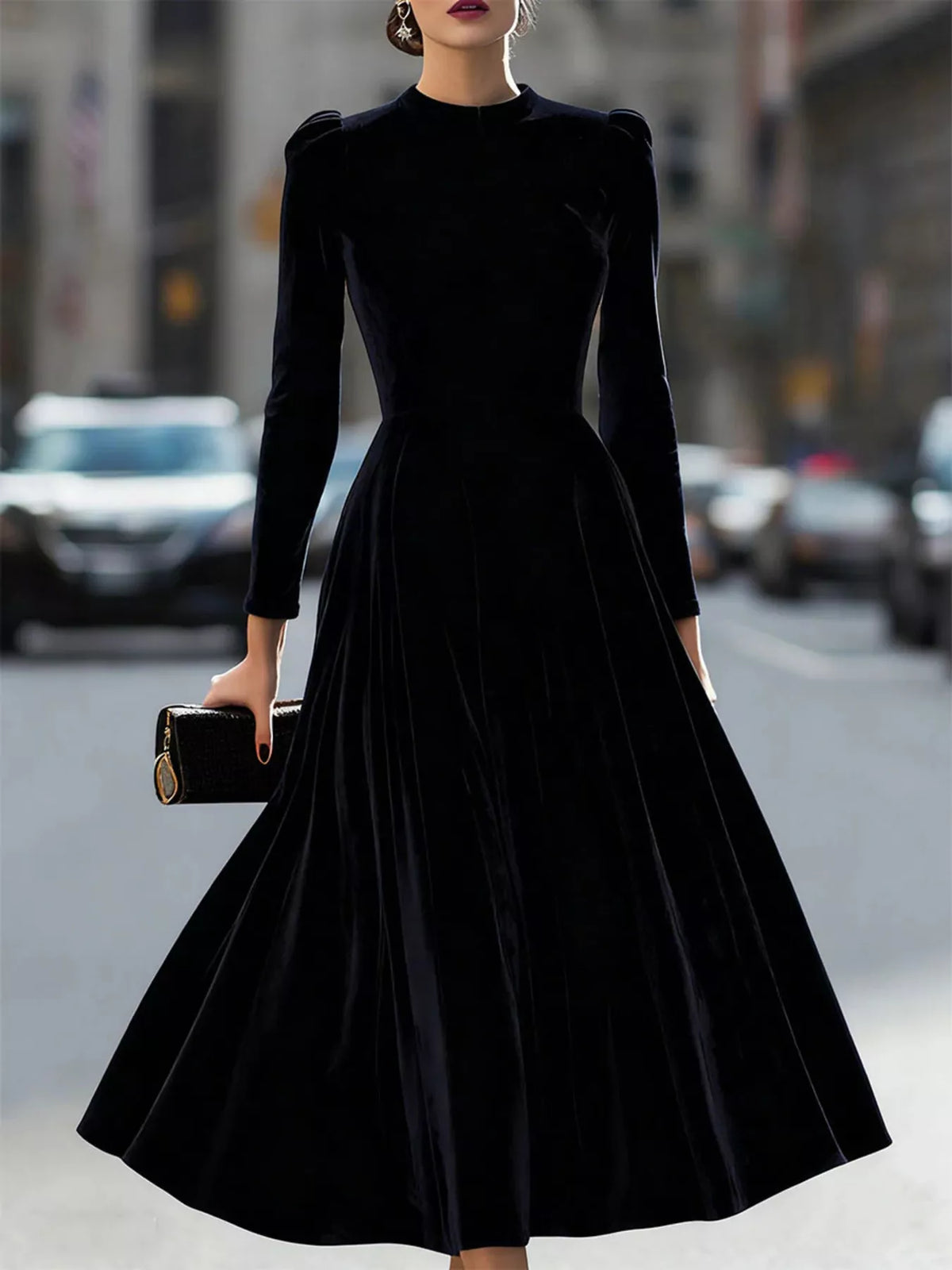 Velvet Long Sleeve A-Line Dress - Lilixa.store