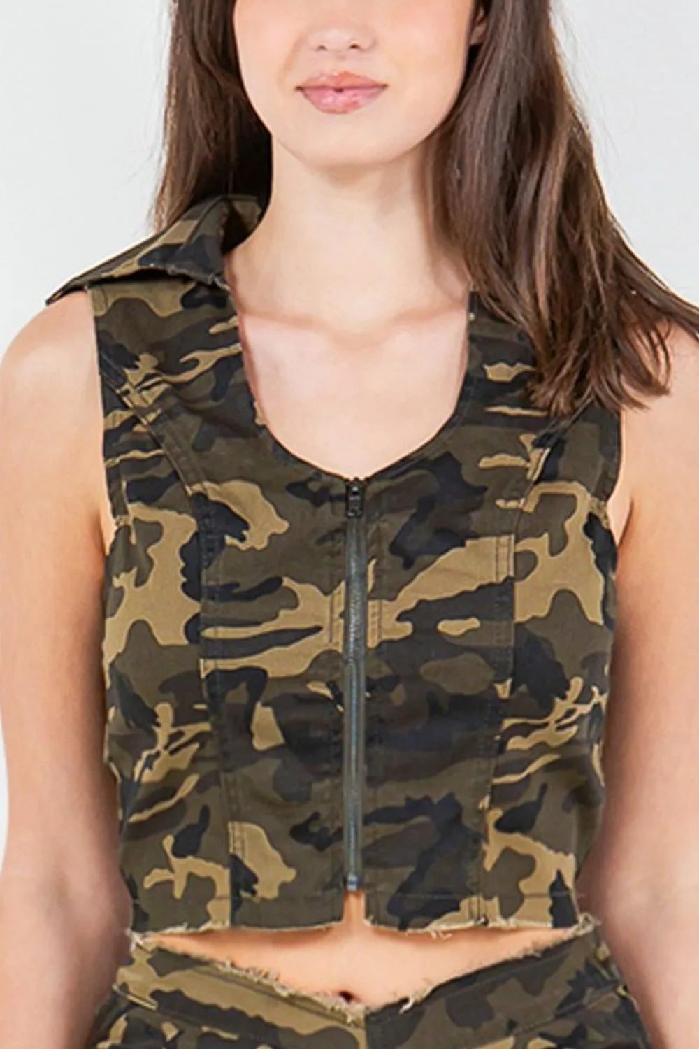 American Bazi Zip Up Camo Crop Denim Vest - Lilixa.store