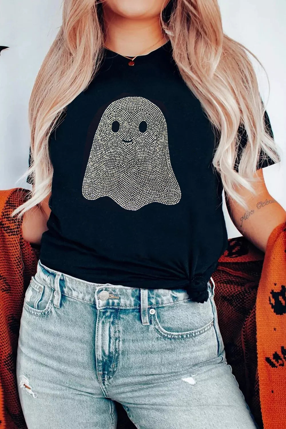 Full Size Rhinestone Ghost Round Neck T-Shirt Plus Size