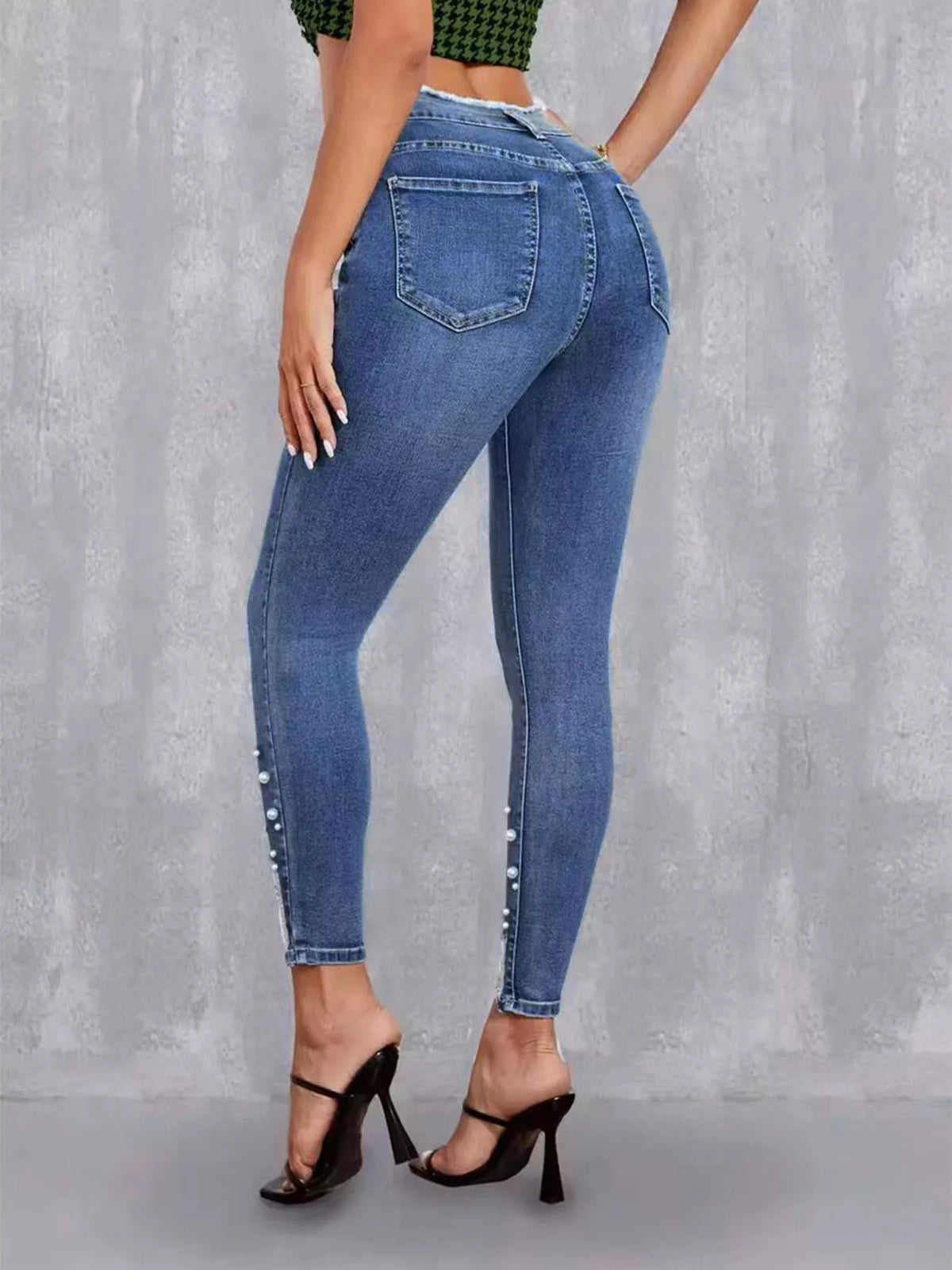 High-Waisted Pearl Embellished Skinny Jeans