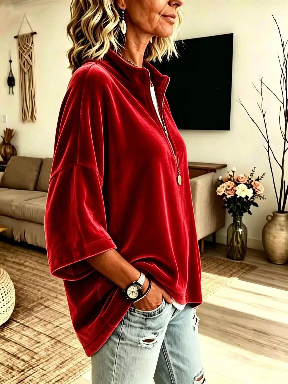 Full Size Velvet Quarter-Zip Sweatshirt Plus Size, view 11