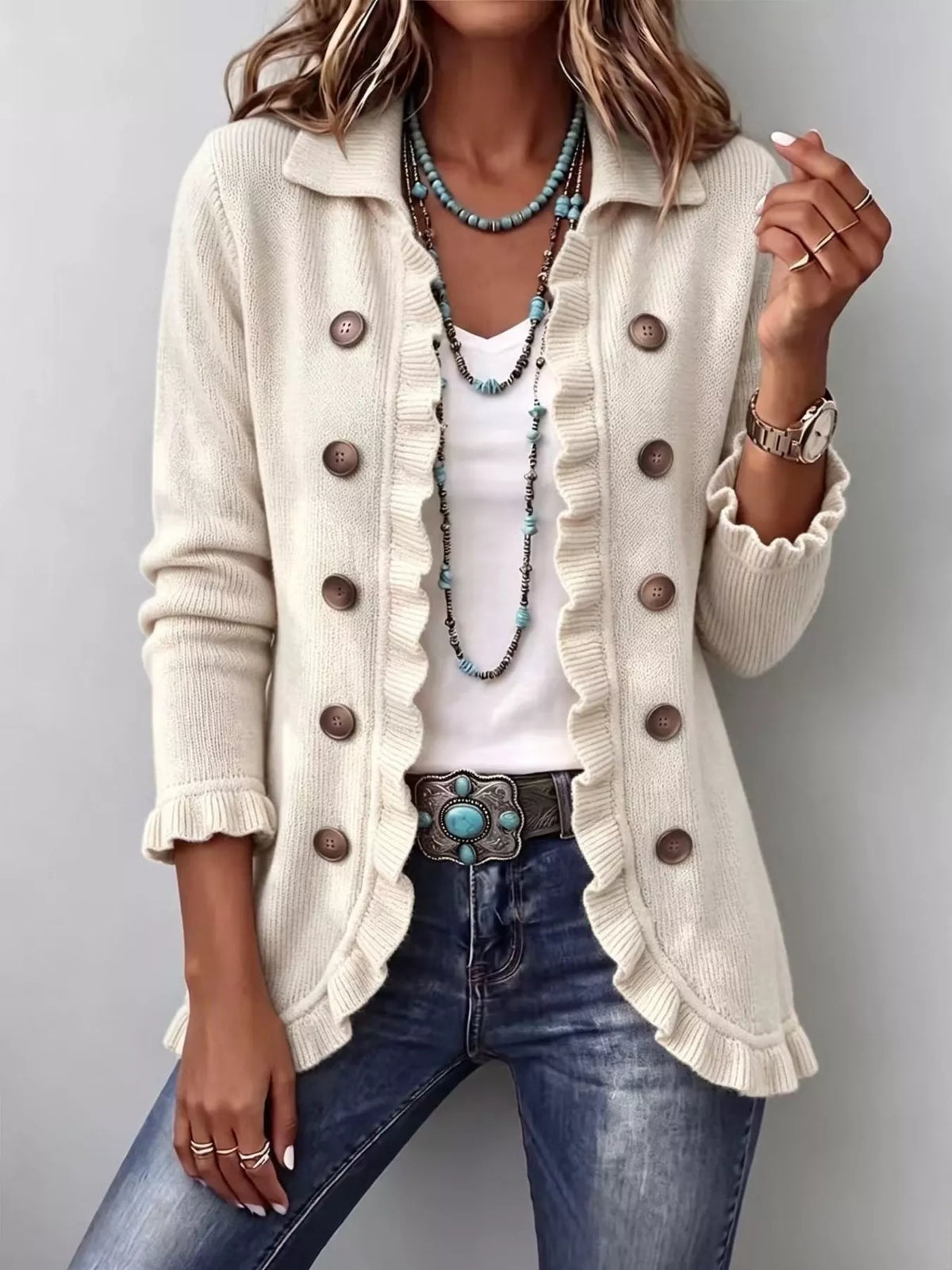 Full Size Ruffled Trim Decorative Button Cardigan Plus Size - Lilixa.store