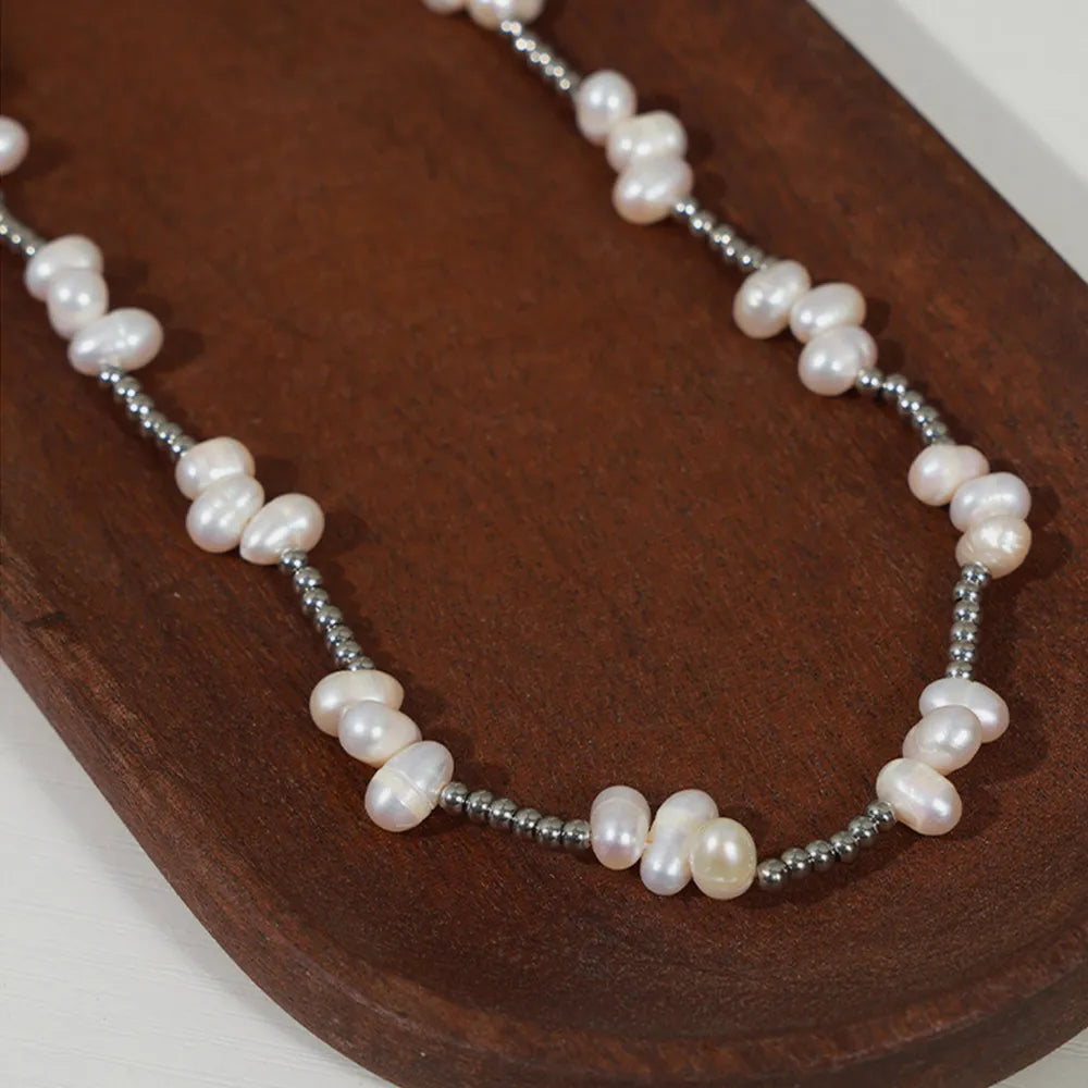 Freshwater Pearl Titanium Steel Bead Necklace in Silver, view 4