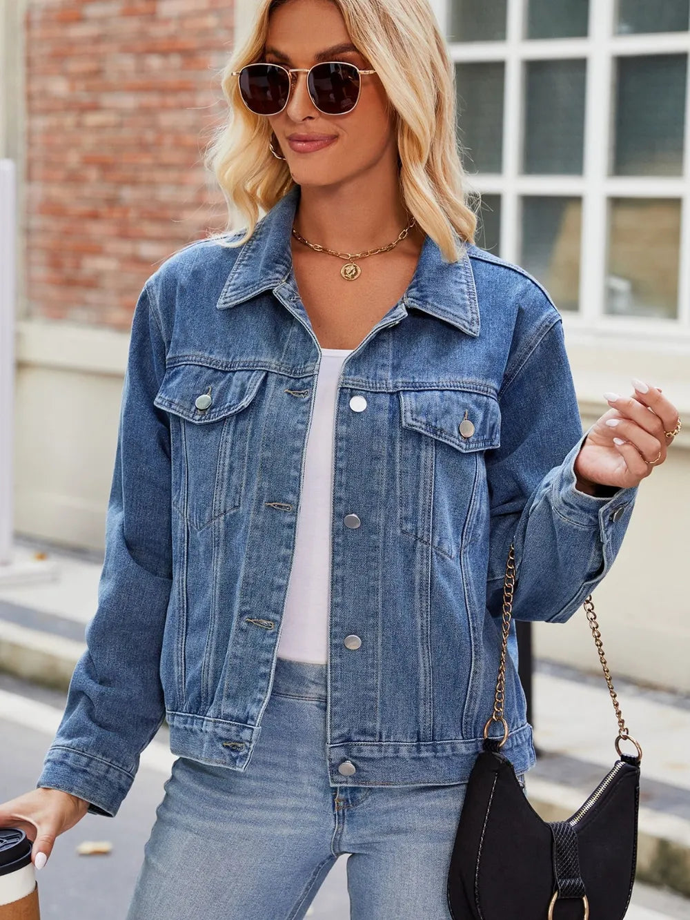 Pocketed Collared Neck Denim Jacket in Black, view 4