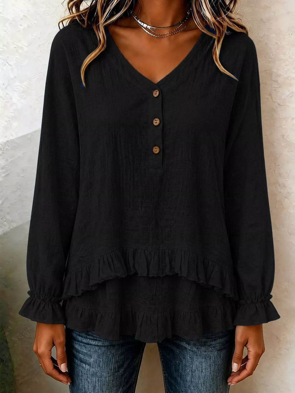 V-Neck Long Sleeve Button Detail Ruffled Hem Blouse - Lilixa.store