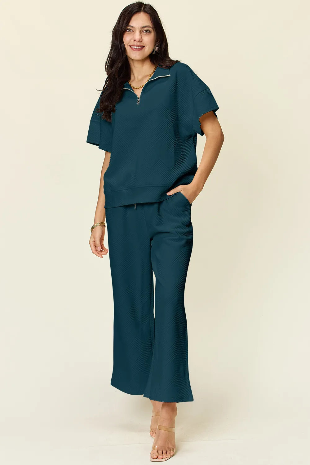 Double Take Full Size Texture Half Zip Short Sleeve Top and Pants Set in Deep Teal