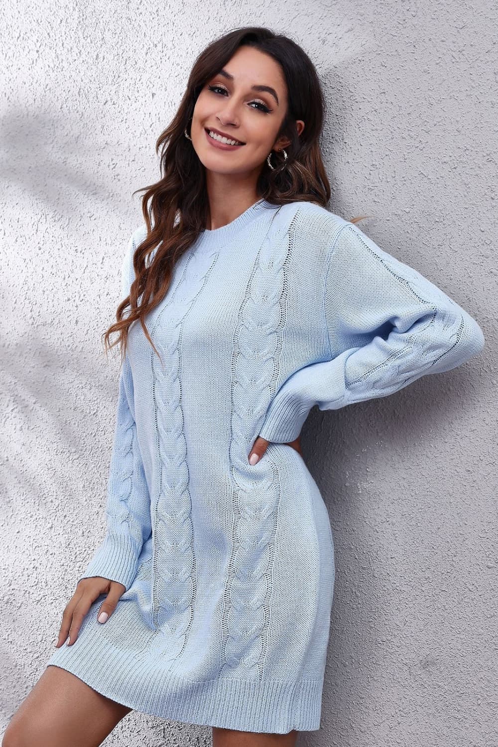 Cable-Knit Round Neck Sweater Dress, view 3